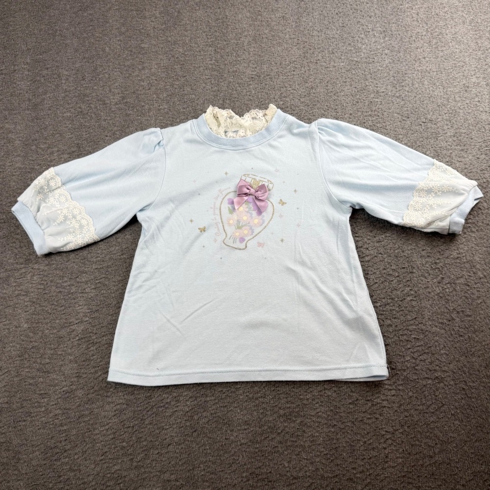 Axes‎ Femme Kids Top Girls 140 Blue Lace Trim Perfume Bottle Graphic Bow